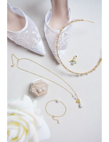 Headband pour la mariée bohème, avec perles et feuille dorée.