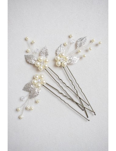Pics à feuilles et perles de cristal pour chignon de mariée boheme