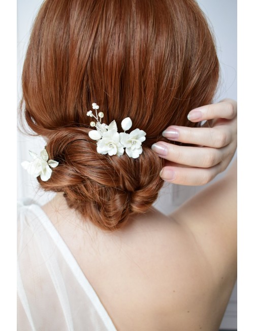 2 pics Bourgeon, fleurs nacrées pour chignon de mariée bohême