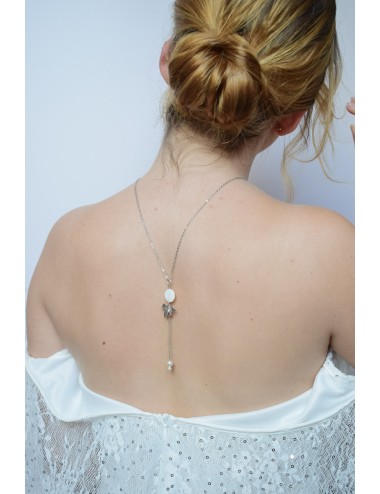 Collier de dos mariage Talia, avec fleur d'orchidée et nacre