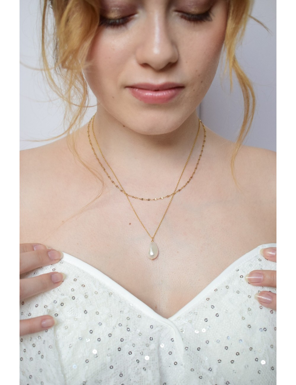 Collier de mariage Inès, deux chaines fines en stacking