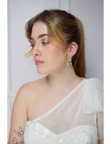 Boucles d'oreilles de mariage Lénina avec chaine fantaisie et perles