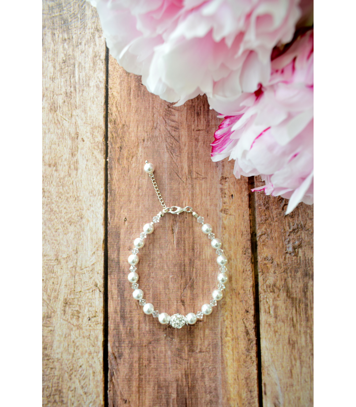Bracelet de mariée en perles blanches et transparentes rétro vintage classique