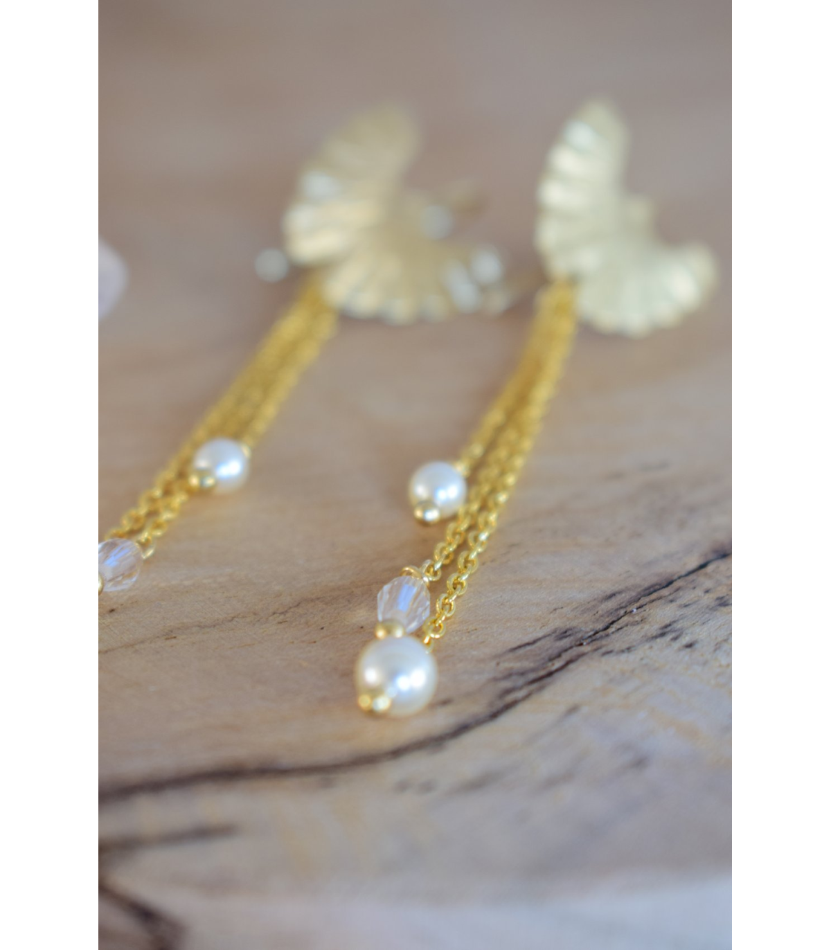 Ginkgo - Boucles d'oreilles de mariage pendantes avec feuille de ginkgo dorée 