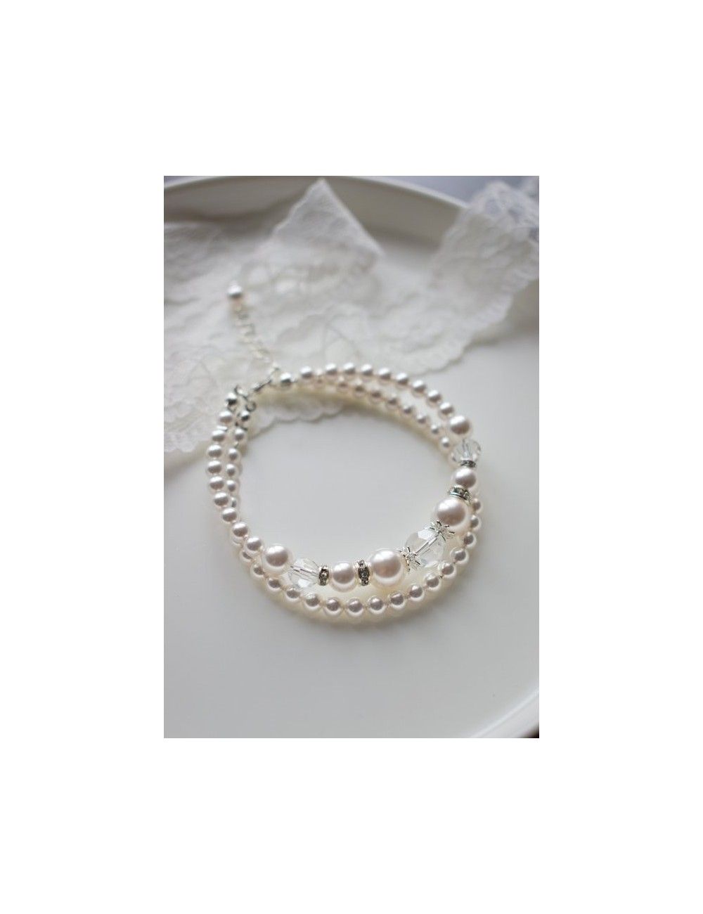 Bracelet de mariée modèle Célia, deux rangs de perles et cristaux.