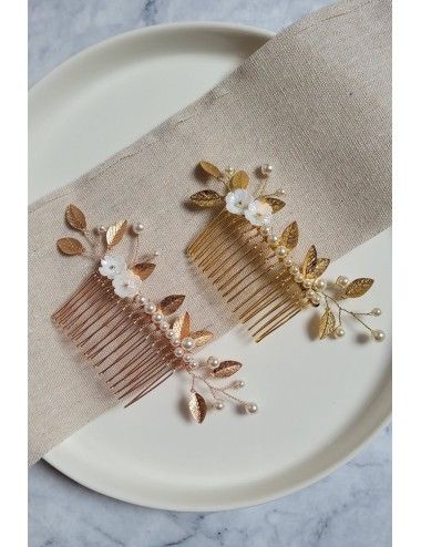 Peigne à cheveux pour la mariée modèle Lilas, peigne à feuilles dorées