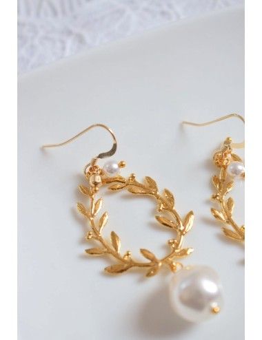 Boucles d'oreilles mariée Leopoldine, bohème chic avec motif laurier