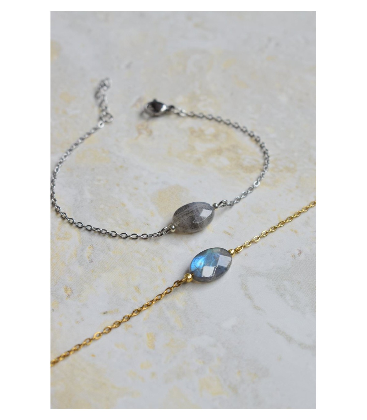 bracelet avec pierre de labradorite ovale et fine chaine acier