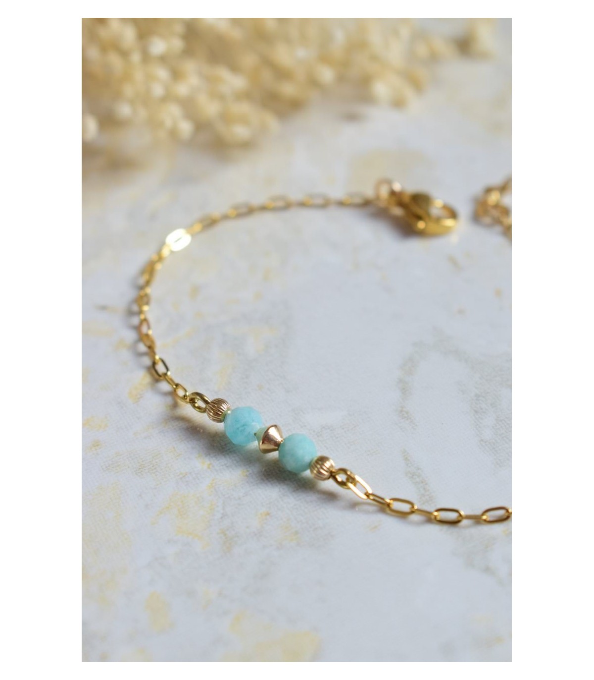 bracelet minimaliste en perles d'amazonite et chaine acier inoxydable