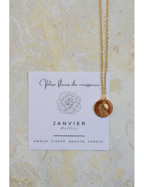 Collier fleur de naissance, médaille dorée gravée