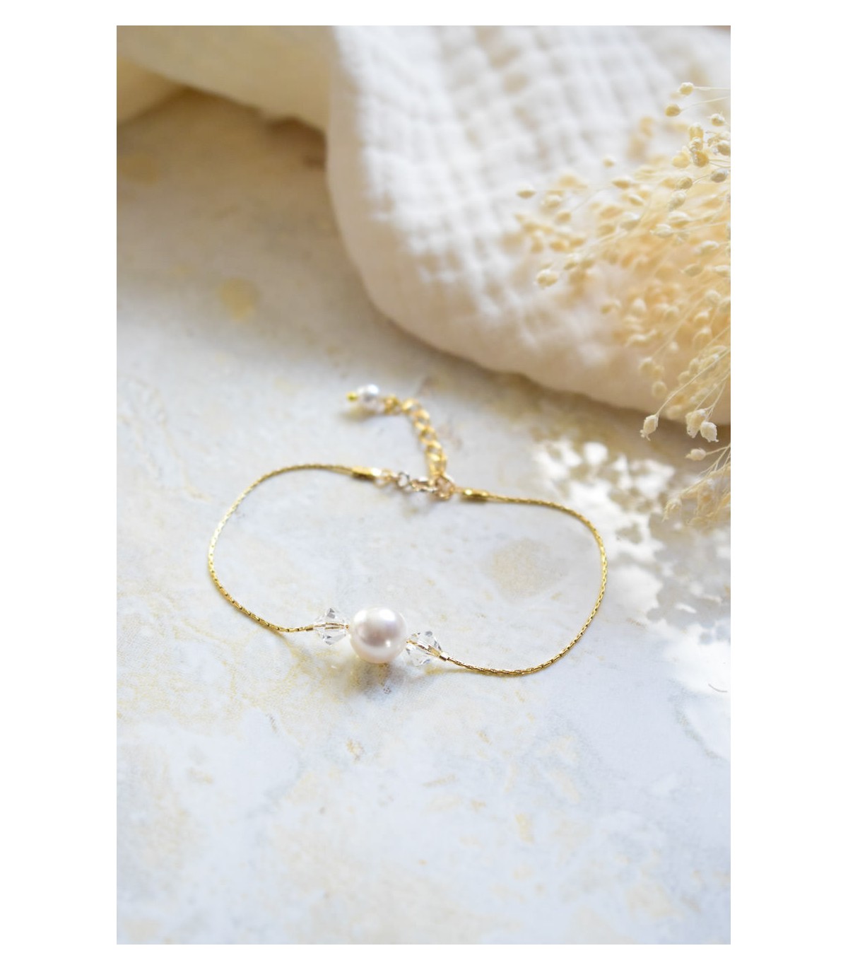 bracelet de mariage fin avec perle et cristal