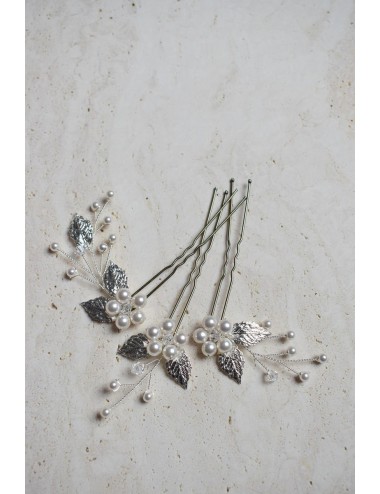 Pics à feuilles et perles de cristal pour chignon de mariée boheme