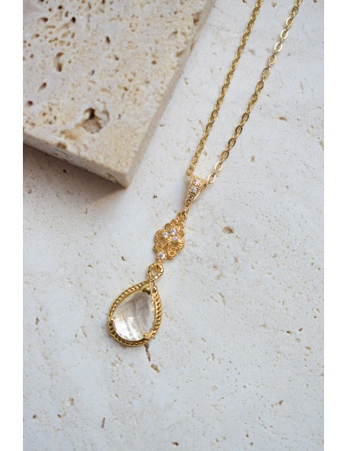 Collier mariage goutte transparente façon pendentif sur fine chaine.