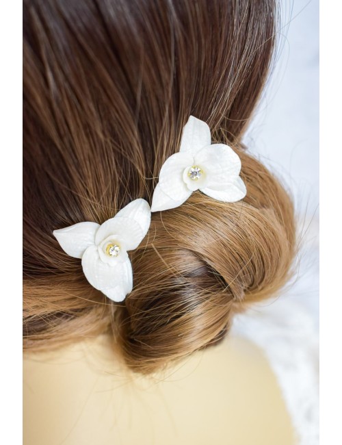 2 pics à cheveux fleurs d'orchidée avec un strass au centre