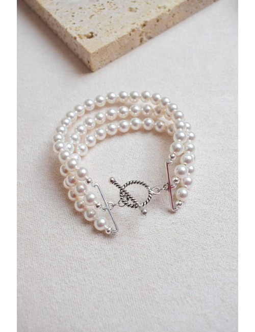 Bracelet de mariée modèle Natacha, 3 rangs de perles nacrées