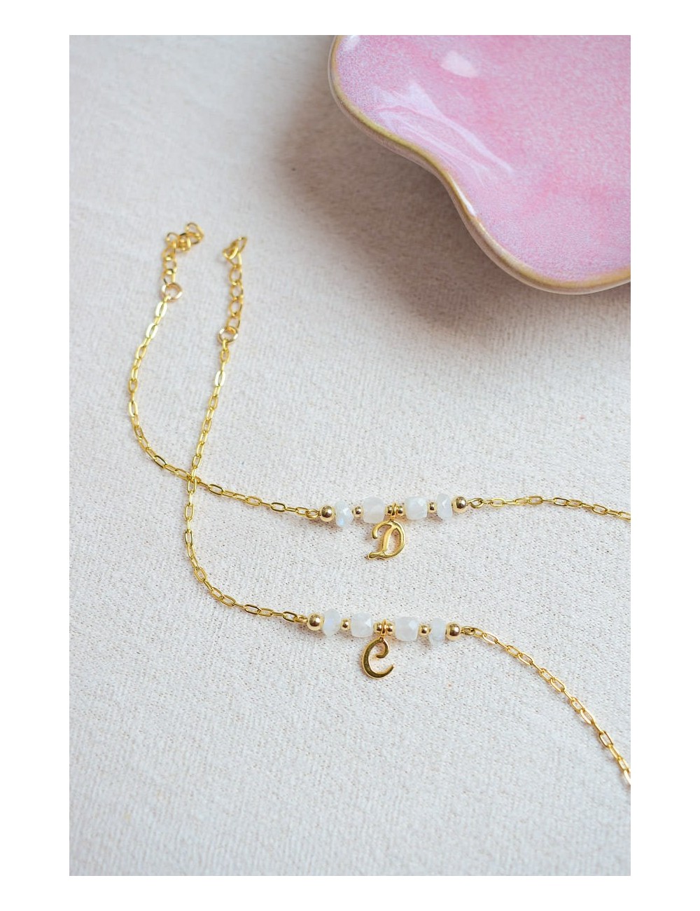 Bracelet pierre de Lune blanche + initiale