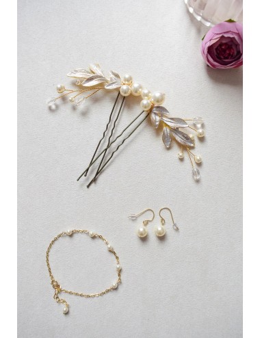 2 pics à feuilles et perles de cristal pour chignon de mariée bohême
