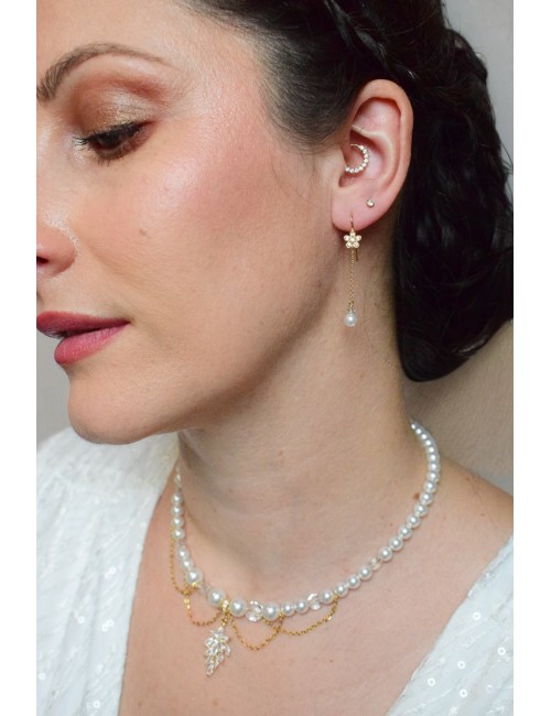 Boucles d'oreilles pendantes pour mariée, fleurs et perles, Sanka