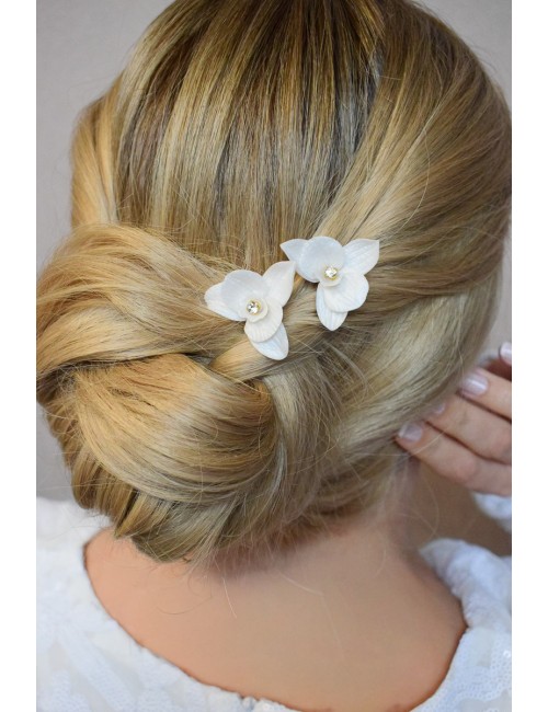 2 pics à cheveux fleurs d'orchidée avec un strass au centre