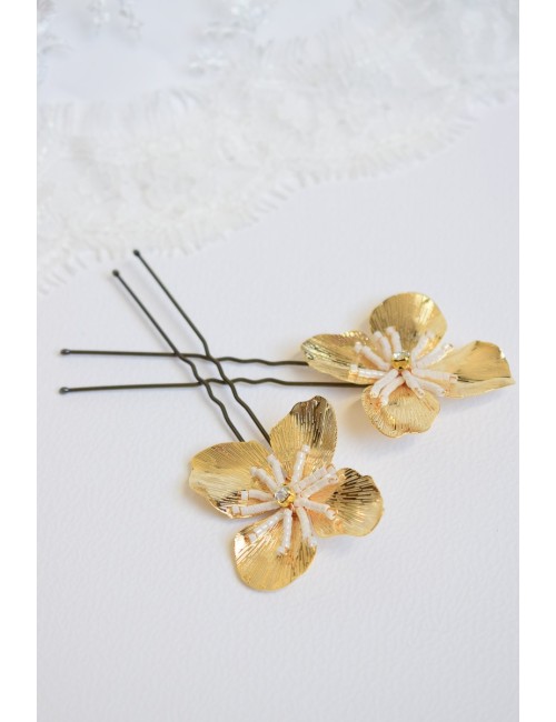 2 pics à cheveux avec une belle fleur dorée ou argentée - Emi