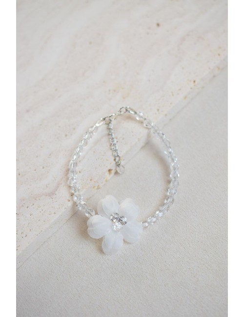 Bracelet Ecume pour la mariée avec perles transparentes et fleur