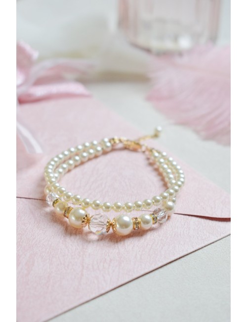 Bracelet de mariée modèle Célia, deux rangs de perles et cristaux.