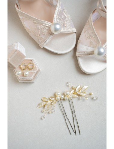 2 pics à feuilles et perles de cristal pour chignon de mariée bohême