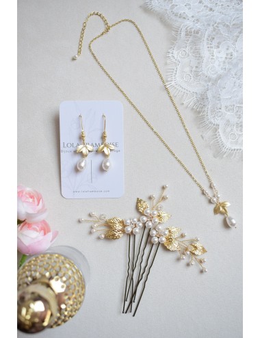 Pics à feuilles et perles de cristal pour chignon de mariée boheme